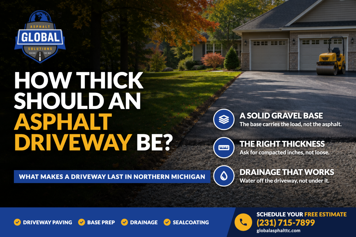 Residential driveway under construction showing the compacted gravel base, the fresh asphalt edge and a roller at the garage, with the headline How Thick Should an Asphalt Driveway Be?