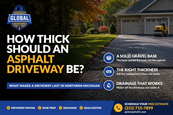 Residential driveway under construction showing the compacted gravel base, the fresh asphalt edge and a roller at the garage, with the headline How Thick Should an Asphalt Driveway Be?