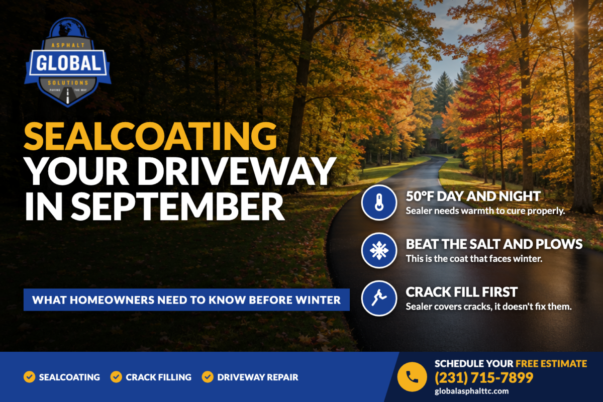 Freshly sealcoated winding asphalt driveway through fall trees in Northern Michigan, with the headline Sealcoating Your Driveway in September