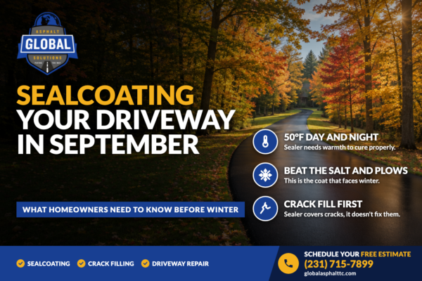 Freshly sealcoated winding asphalt driveway through fall trees in Northern Michigan, with the headline Sealcoating Your Driveway in September